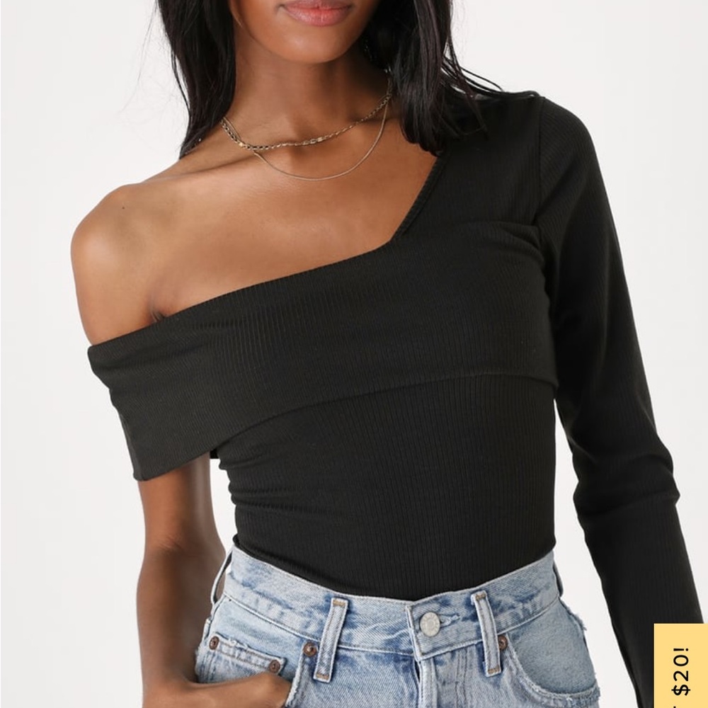 Lulu’s Mesmerizing Moments Black Ribbed Knit One-Shoulder Bodysuit